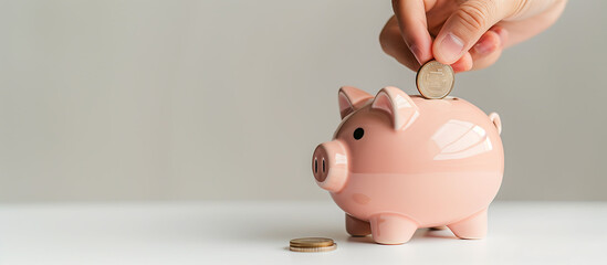 Closeup male hands putting coin into piggy bank, The concept of saving money, finance, stack coins, investment, fund