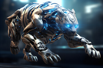 Poster - Close-up of a fantastic metal panther robot ,  generated by AI. 3D illustration