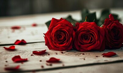 Wall Mural - Valentine's day with red roses on a wood table.