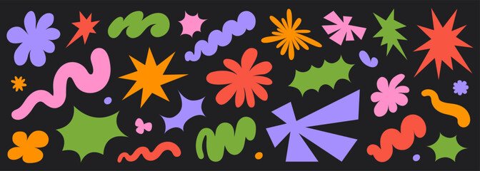 Poster - Abstract set colorful retro groovy shapes on a black background. Trendy geometric cosmic starburst forms. Vector illustration in style 90s, 00s