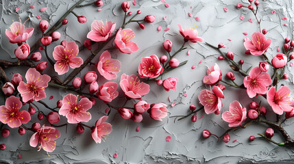 Wall Mural - Pink cherry blossom flowers on neutral background
