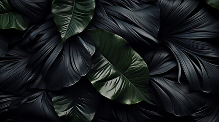 Wall Mural - Textures of abstract black leaves for tropical leaf background. Flat lay, dark nature concept, tropical leaf