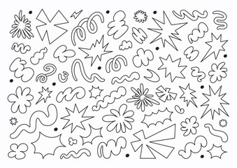 Aufkleber - Abstract set linear wavy retro groovy shapes on a white background. Trendy geometric cosmic starburst forms. Vector illustration in style 90s, 00s