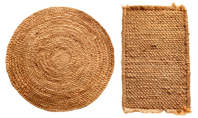 Braided carpet, jute round carpet. Braided rectangular carpet. Isolated on a transparent background.