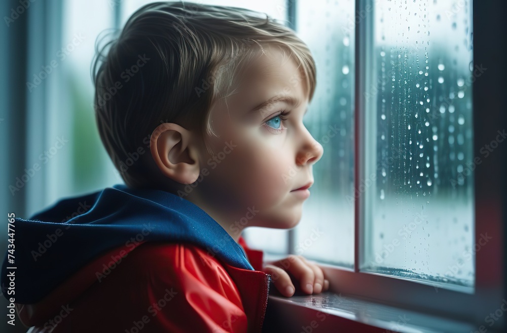 Sad cute child looking trough the window on a rainy day. Pensive child looking out window during rainy day. Thoughtful young child standing by window looks sad