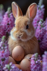 Wall Mural - Rabbit Surrounded by Crimson and Violet Flowers, Nestled Among Eggs