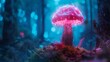 Close up of a glowing neon mushroom in a cyberpunk forest
