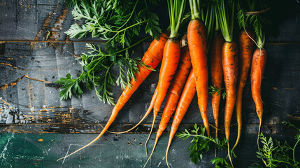 A bunch of organic carrot with green leaves on a rustic wooden table