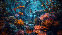 Empty Serum Or Perfume Packaging In The Underwater World With A Big Shark Swimming Nearby To Present The Product On The Underwater Background.