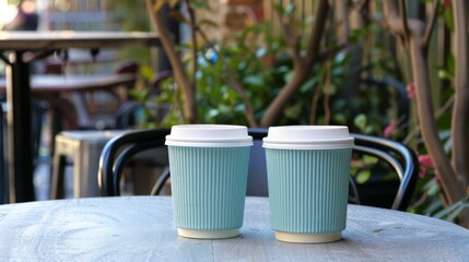 Wall Mural - Two takeaway coffee cups on outdoor cafe table