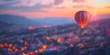 hot air balloon at sunset,Balloon flight Beautiful background travel theme High quality photo Generative AI
