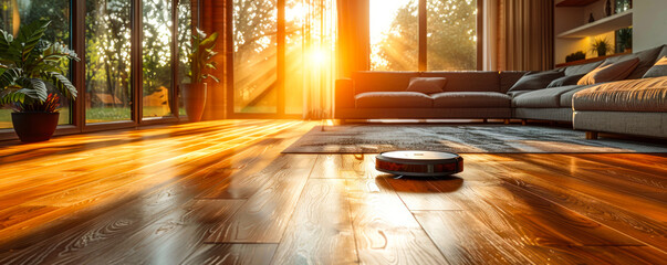Poster - Autonomous robotic vacuum cleaner on polished wooden floor efficiently cleaning household surfaces in a modern home interior with warm sunlight streaming in