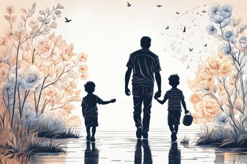 Wall Mural - Happy Father's Day. Dad is like big tree in shade which we are all free. My father is my hero. Dad and the kids are playing. background silhouette man.