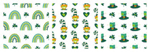 St. Patrick's Day Seamless Vector Patterns Set. Festive Elements - Funny Gnome, Leprechaun Hat, Green Rainbow, Four Leaf Clover, Heart For Good Luck. Celebrating Irish Holiday, Cartoon Backgrounds