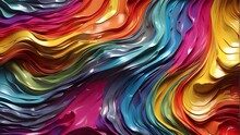 3D Abstract Wall Coverings. Banner With Liquid Metal Rainbow Waves, Three-dimensional Backdrop With Swirls Colored Like A Rainbow