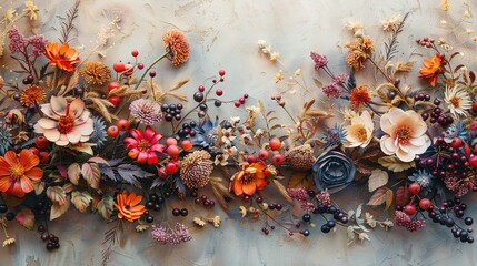 Sticker - Autumn pastel composition made of beautiful flowers and berries on light backdrop. Floristic decoration