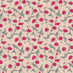 Wall Mural - Japanese Romantic Poppy Flower Vector Seamless Pattern