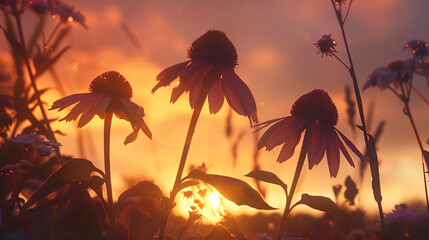 Canvas Print - Coneflowers bathed in the elegance of a sunset. Utilize cinematic framing to highlight the silhouette and natural colors of the blooms against the warm glow of the evening sky