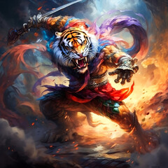 Poster - A tiger as a chinese chivalrous warrior fighting