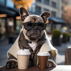 Poster - A fashionable dog strutting down a bustling city