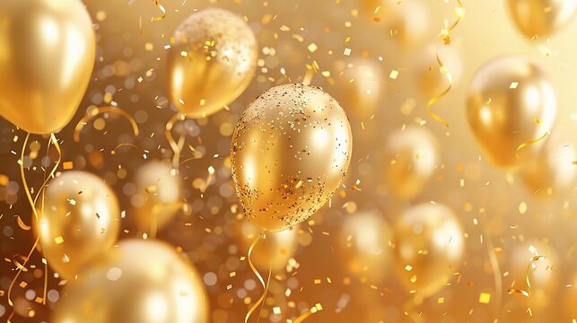 Birthday greeting vector design. Happy birthday text in golden background with gold balloons and confetti elements for elegant birth day celebration decoration