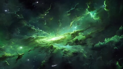 Wall Mural - Beautiful and surreal fantasy electric green galaxy space video footage, featuring nebulae, stars and planets