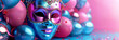 blue and pink mask surrounded by balloons on pink background,  women's day holiday, Valentine's Day, copy space