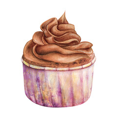 Wall Mural - Cupcake muffin cream watercolor drawing chocolate in nice paper. Cake bakery tasty dessert illustration. Birthday celebration pastry aquarelle picture isolated on white background