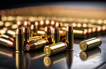 Wall Mural - 45 caliber pistol cartridges on the table close-up