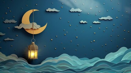 Wall Mural - islamic lantern 3d art paper cut loop animation illustration with moon, clouds and stars for ramadan kareem or eid mubarak. al fitr adha event ceremony greeting banner background