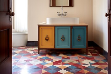 Solid Wooden Vanity in Moroccan Tile Bathroom: Colorful Floor Inspirations