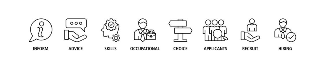 Job fair banner web icon set vector illustration concept for employee recruitment and onboarding program with an icon of the information, advice, skills, occupational, applicants, recruit, and hiring
