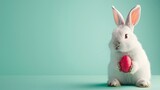 Fototapeta Zachód słońca - white Bunny holding easter egg on pastel light green background