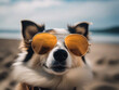 Spitz dog on vacation wearing sunglasses