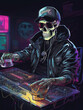 Portrait of a skeleton man with a skull. A skeleton in a baseball cap in a leather jacket with a glass of whiskey in his hand. Dark dramatic lighting.