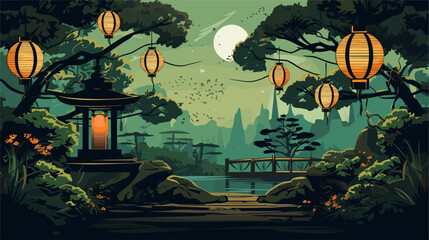 Canvas Print - abstract traditional garden setting with bonsai trees and lanterns. simple vector art