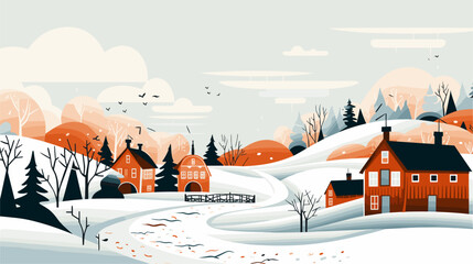 Wall Mural - abstract rural village scene with traditional houses and festive elements. simple vector art