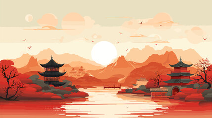 Wall Mural - Abstract rural landscape with traditional Chinese architecture and festivities. simple Vector art