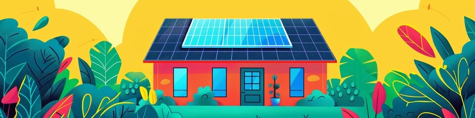 Wall Mural - A bright cheerful illustration of a familys home being upgraded with the installation of solar panels