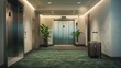 Hotel hallway with a modern elevator door open, and a brown suitcase left unattended near the plants. The decor reflects a welcoming and clean atmosphere typical of hospitality settings.