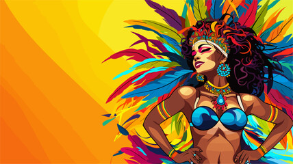 Wall Mural - Samba dancer in a vibrant and feathered costume with a headdress. simple Vector art