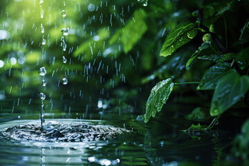 Poster - Water splash in the forest. Water is the source of life. A slide background for showcasing the importance of water. Background image. Created with Generative AI technology.