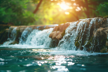 Poster - Waterfall in the forest. Water is the source of life. A slide background for showcasing the importance of water. Background image. Created with Generative AI technology.