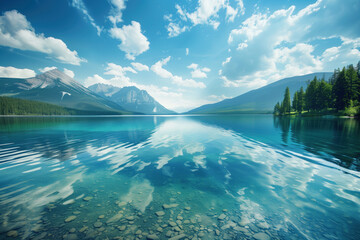 Poster - Lake in the mountains. Water is the source of life. A slide background for showcasing the importance of water. Background image. Created with Generative AI technology.