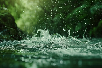 Poster - Water splash in the forest. Water is the source of life. A slide background for showcasing the importance of water. Background image. Created with Generative AI technology.