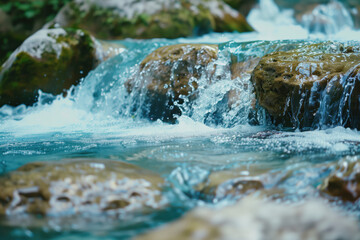 Poster - Waterfall in the forest. Water is the source of life. A slide background for showcasing the importance of water. Background image. Created with Generative AI technology.