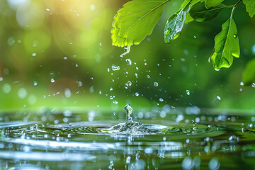 Poster - Water splash in the forest. Water is the source of life. A slide background for showcasing the importance of water. Background image. Created with Generative AI technology.