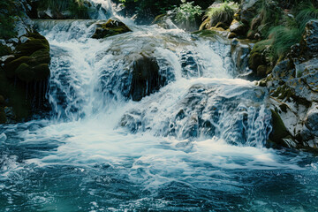 Poster - Waterfall in the forest. Water is the source of life. A slide background for showcasing the importance of water. Background image. Created with Generative AI technology.