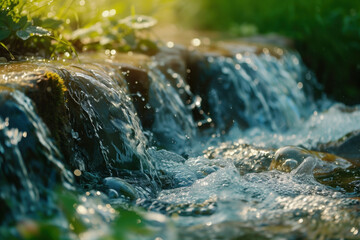 Poster - Waterfall in the forest. Water is the source of life. A slide background for showcasing the importance of water. Background image. Created with Generative AI technology.