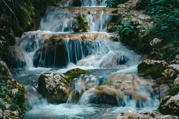 Poster - Waterfall in the forest. Water is the source of life. A slide background for showcasing the importance of water. Background image. Created with Generative AI technology.